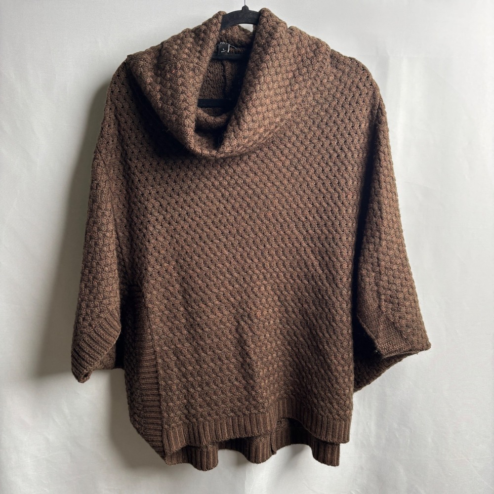 ANA Brown Cowl Neck Poncho Sweater L Goblin Core Earthy Boho Textured Chunky